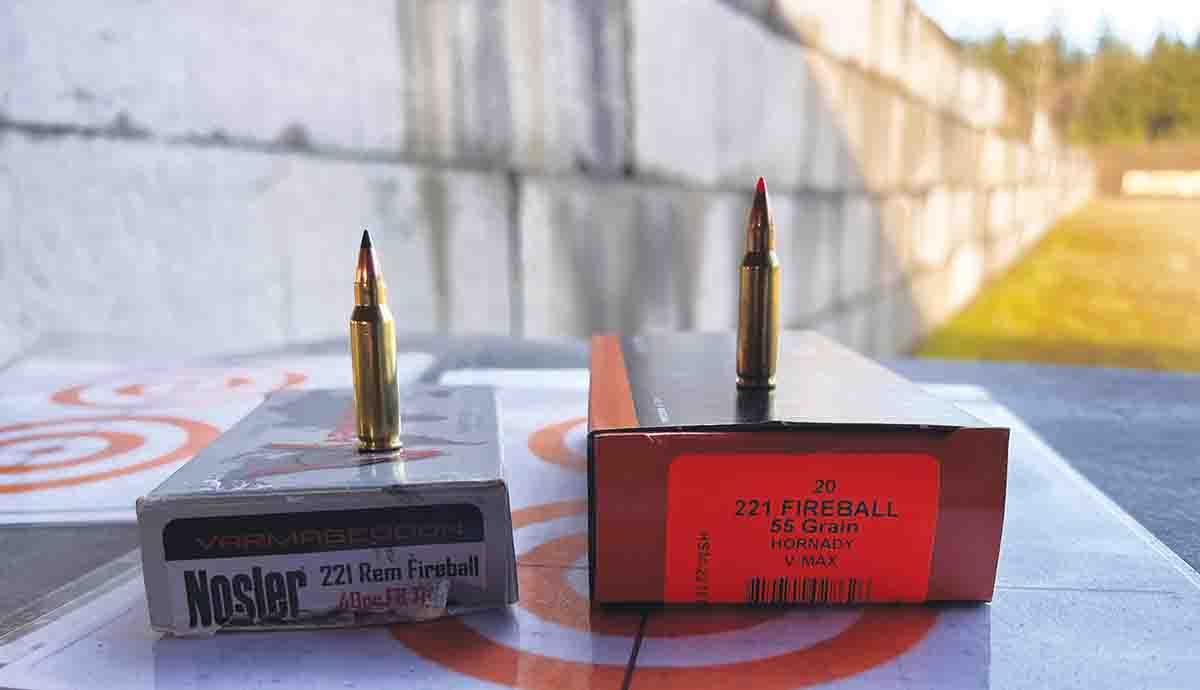 Factory ammunition was chambered in 221 Fireball Nosler 40-grain flatbase tipped (left) and HSM 55-grain Hornady V-MAX (right).
